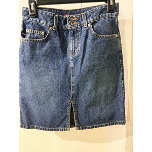 Vintage Bongo Blue Jean Denim Skirt size 0 Wide Waist 100% Cotton 5 Pocket Zip